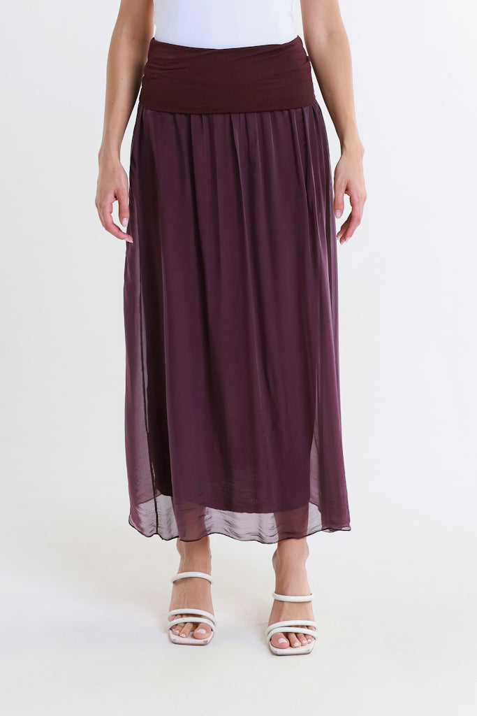 SL204-503 Eggplant Brenda Long Silk Foldover Waist Skirt