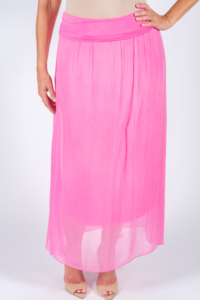 SL204-672 Fuchsia Brenda Long Silk Foldover Waist Skirt