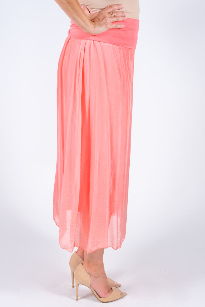 SL204-810 Coral Brenda Long Silk Foldover Waist Skirt