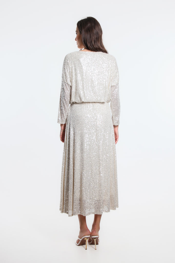 SL501-039 Silver Rae Sequin Long Flare Skirt