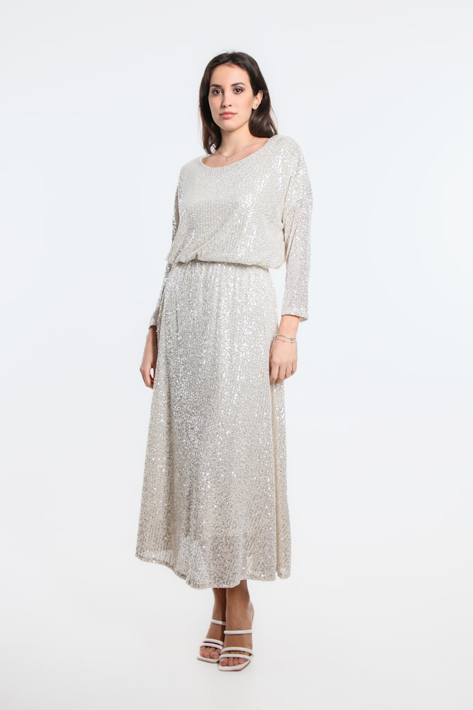 SL501-039 Silver Rae Sequin Long Flare Skirt