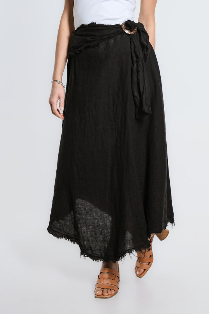 SS104-001 Black Maureen Diagonal Hi/Lo Linen Skirt