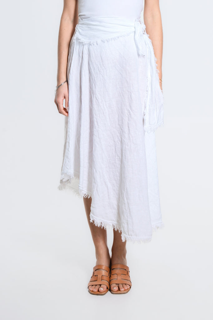 SS104-100 White Maureen Diagonal Hi/Lo Linen Skirt