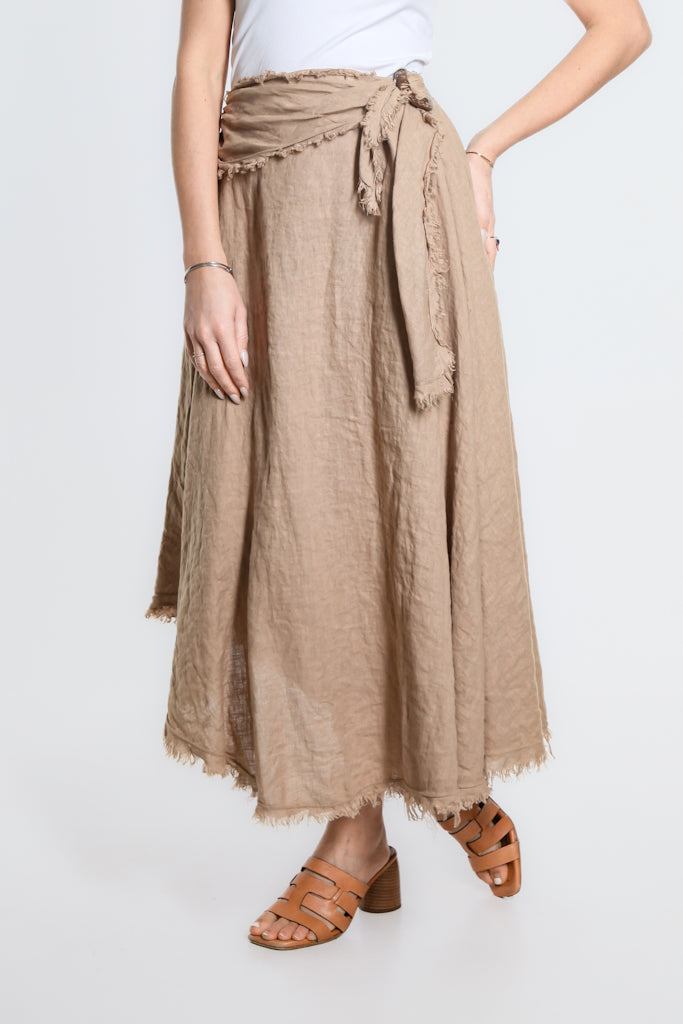 SS104-258 Camel Maureen Diagonal Hi/Lo Linen Skirt