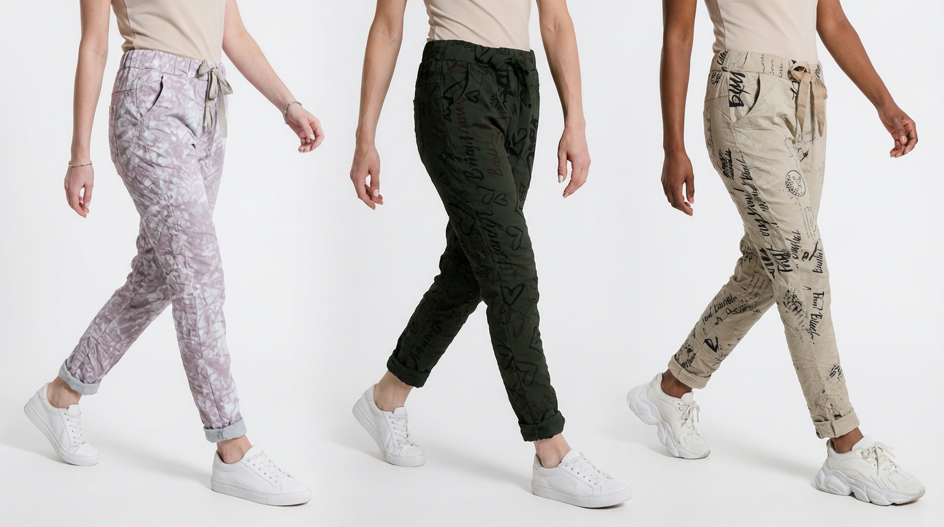 Three people wearing different types of pants on a white background
