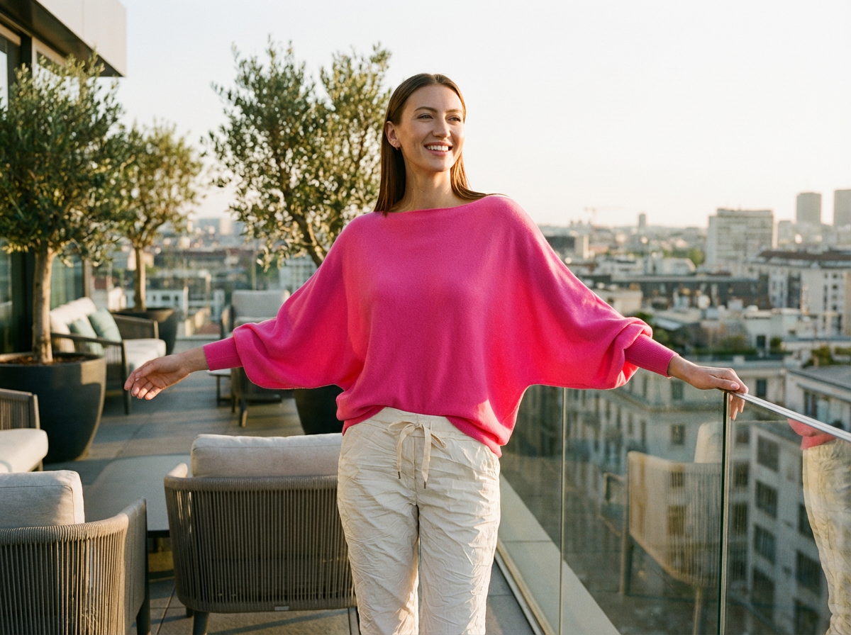 Woman in a pink sweater standing on a rooftop terrace with cityscape view