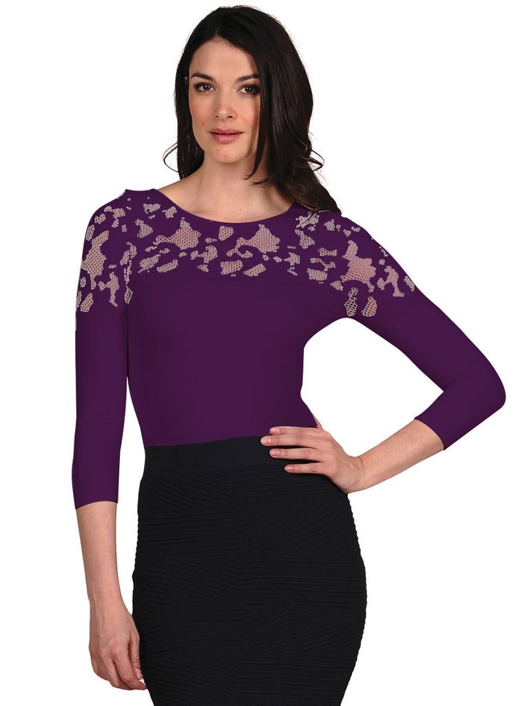 503Q-176 Dark Raspberry Crochet 3/4 Sleeve Top