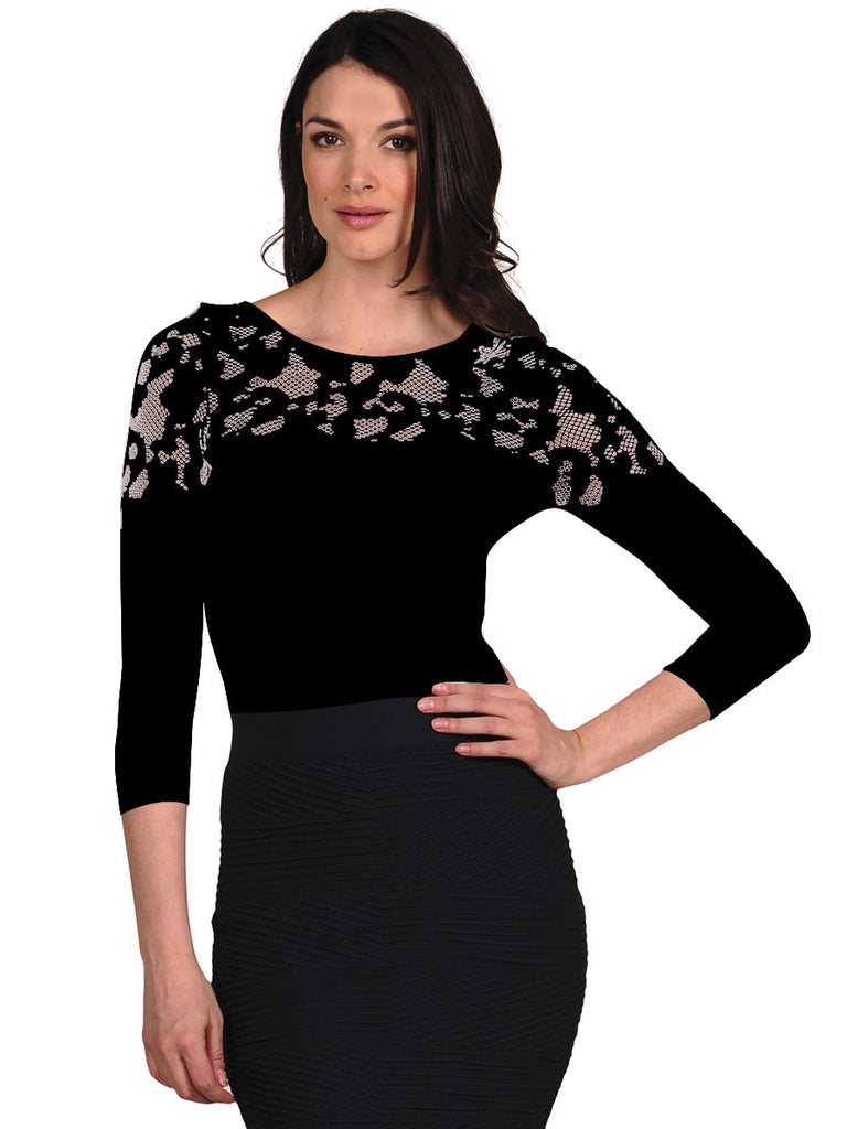 503Q-191 Black Crochet 3/4 Sleeve Top