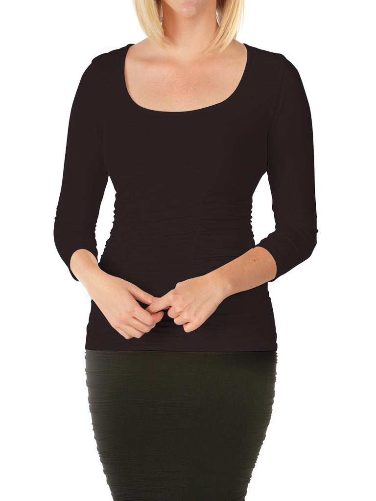510RSQ-183 Espresso 3/4 Sleeve Ruched Scoop Neck Top