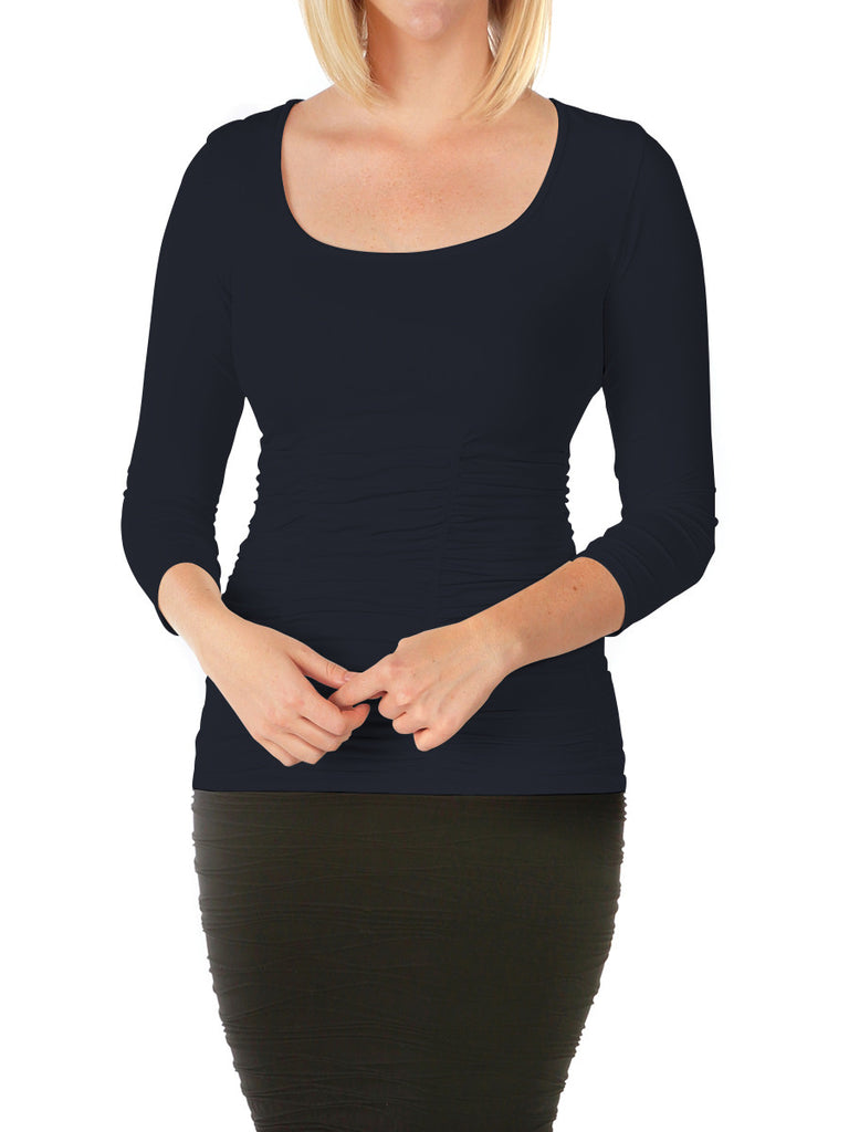 510RSQ-190 Charcoal 3/4 Sleeve Ruched Scoop Neck Top