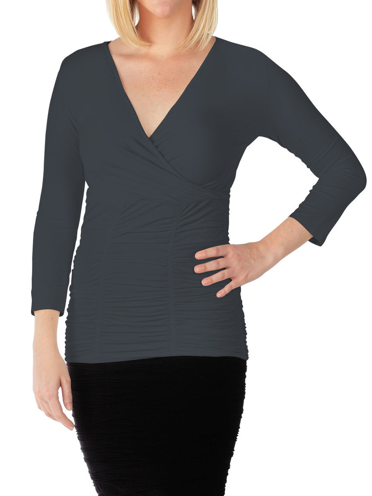 510RVQ-177 Silver Fox 3/4 Sleeve Ruched Crossover V-Neck