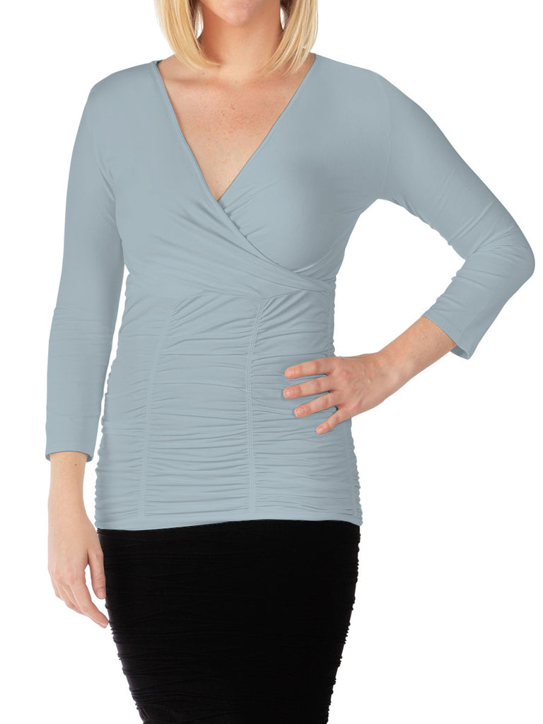 510RVQ-105 Ice 3/4 Sleeve Ruched Crossover V-Neck