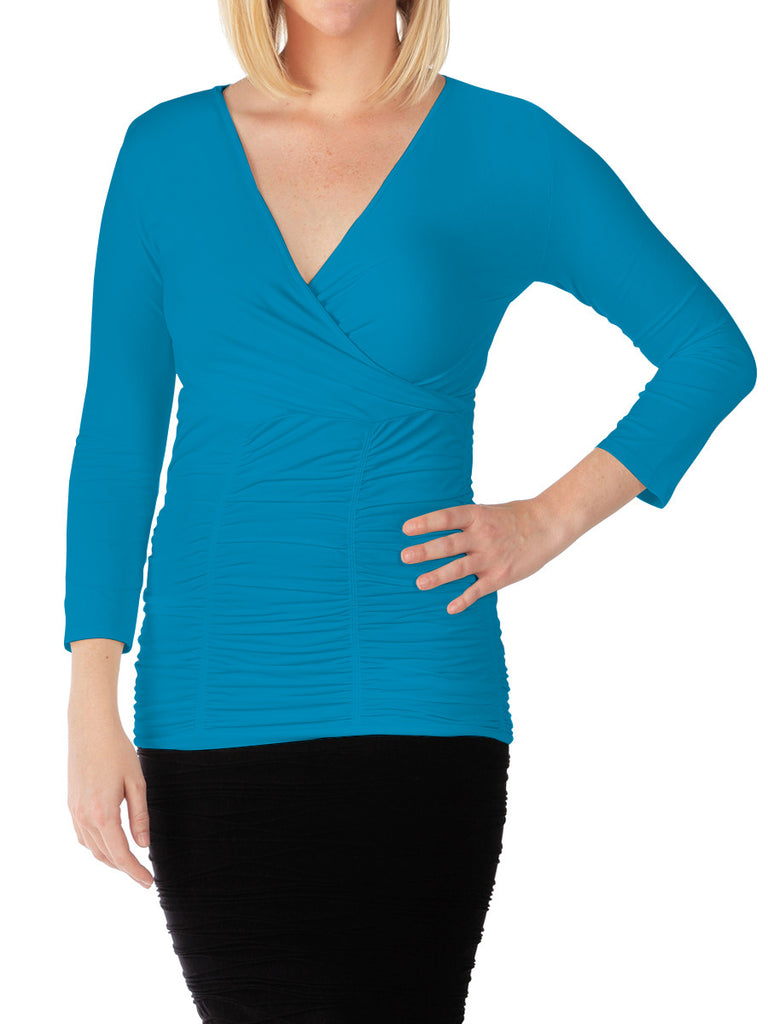 510RVQ-132 Turq 3/4 Sleeve Ruched Crossover V-Neck