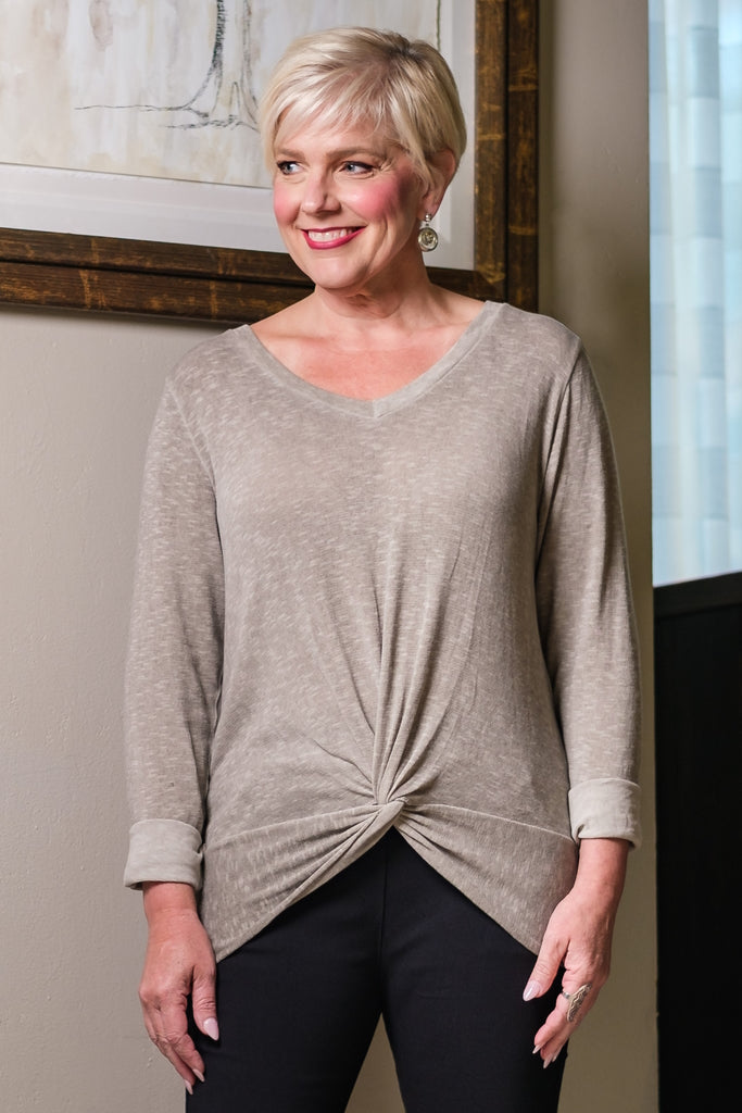 BLS122-241 Taupe Enzyme Sydney Long Sleeve V-Neck Twist Front Top