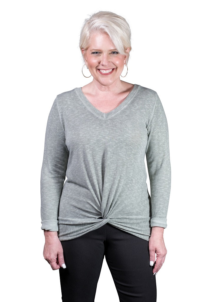 BLS122-308 Army Enzyme Sydney Long Sleeve V-Neck Twist Front Top