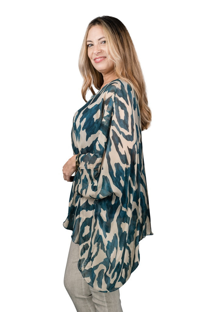 BQ201K-323 Teal Ikat Sofia Silk Kaftan