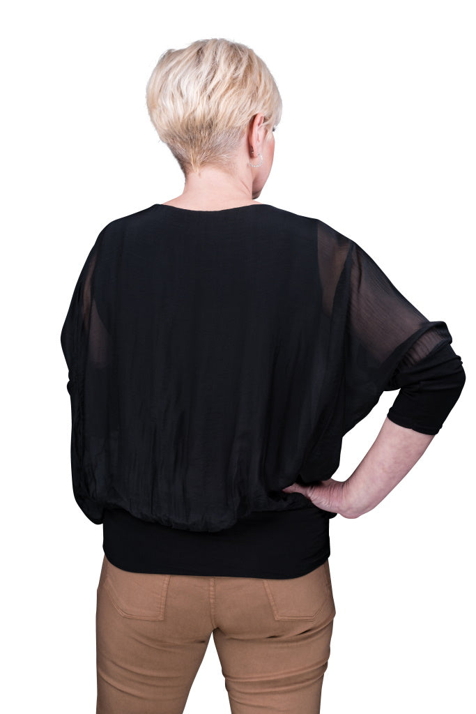 BQ206-001 Black Rosa 3/4 Sleeve Silk Banded Blouse