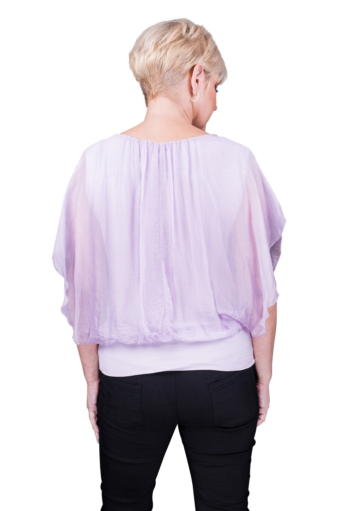 BSS202-534 Lilac Aurora Flutter Fly Sleeve Silk Top with Band Bottom