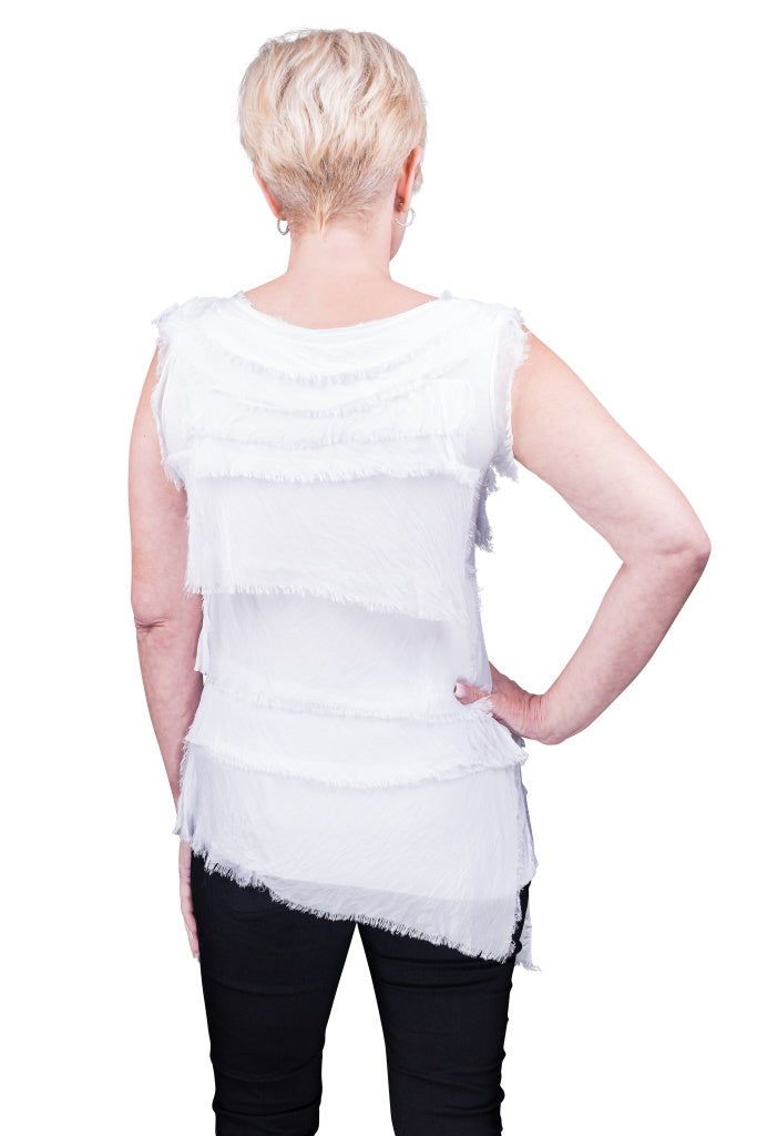BT205-100 White Arianna Sleeveless Silk Ruffle Top