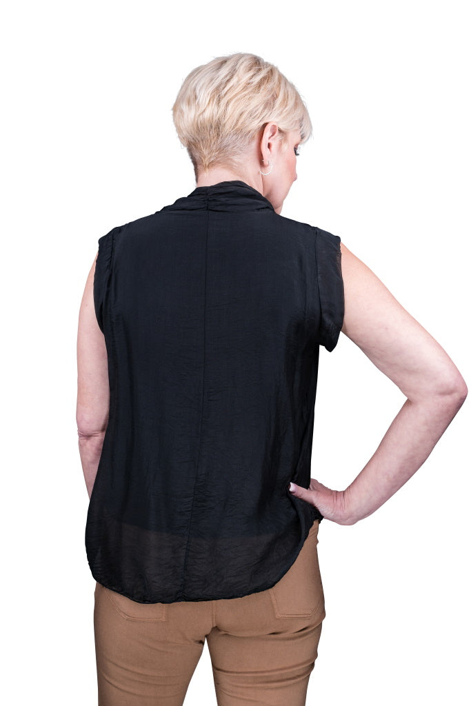 BT212-001 Black Sarita Sleeveless Silk Drape Neck Top