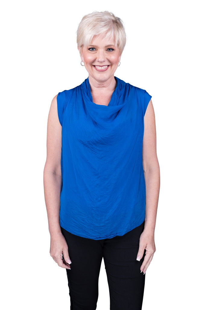 BT212-407 Royal Blue Sarita Sleeveless Silk Drape Neck Top