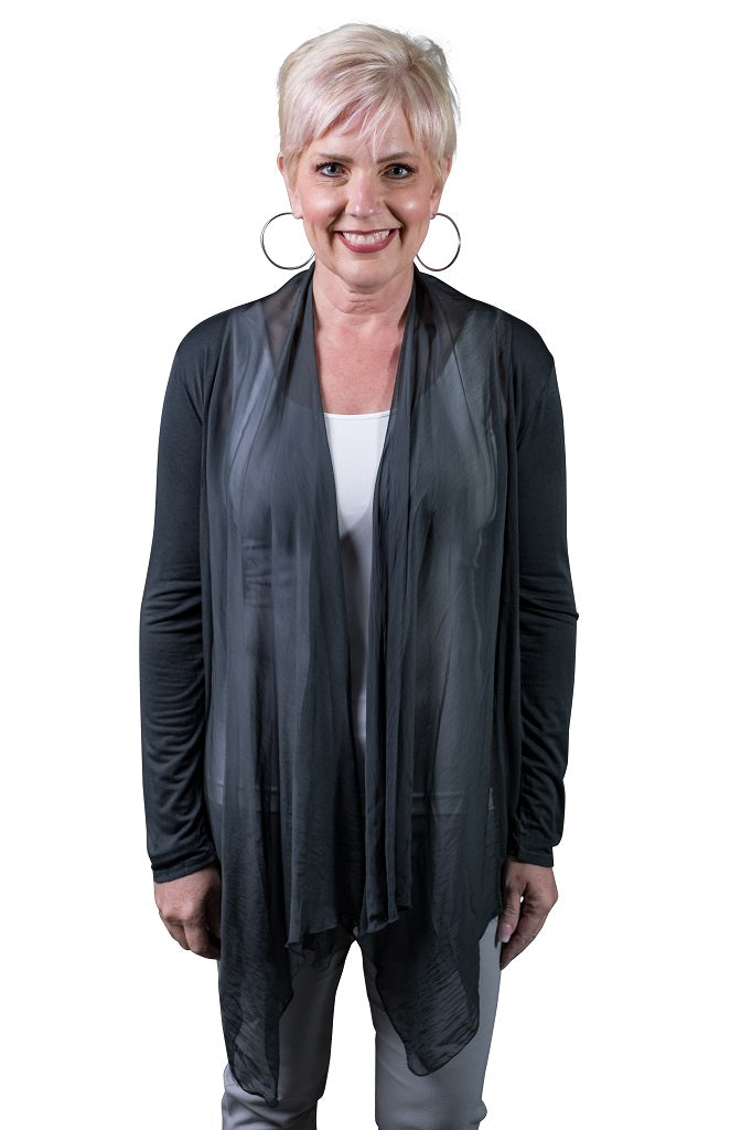 CLS201-010 Charcoal Carla Long Sleeve Open Cardi with Silk Trim