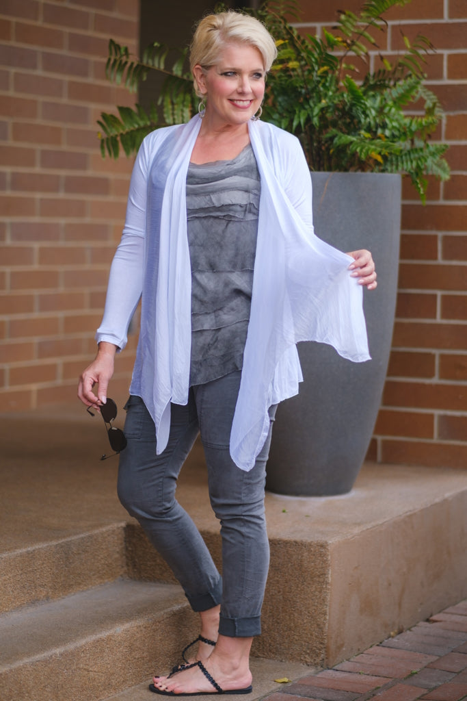 CLS201-100 White Carla Long Sleeve Open Cardi with Silk Trim