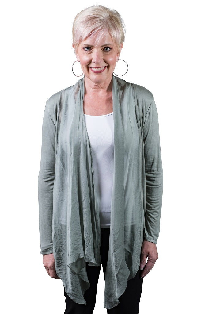 CLS201-316 Olive Carla Long Sleeve Open Cardi with Silk Trim