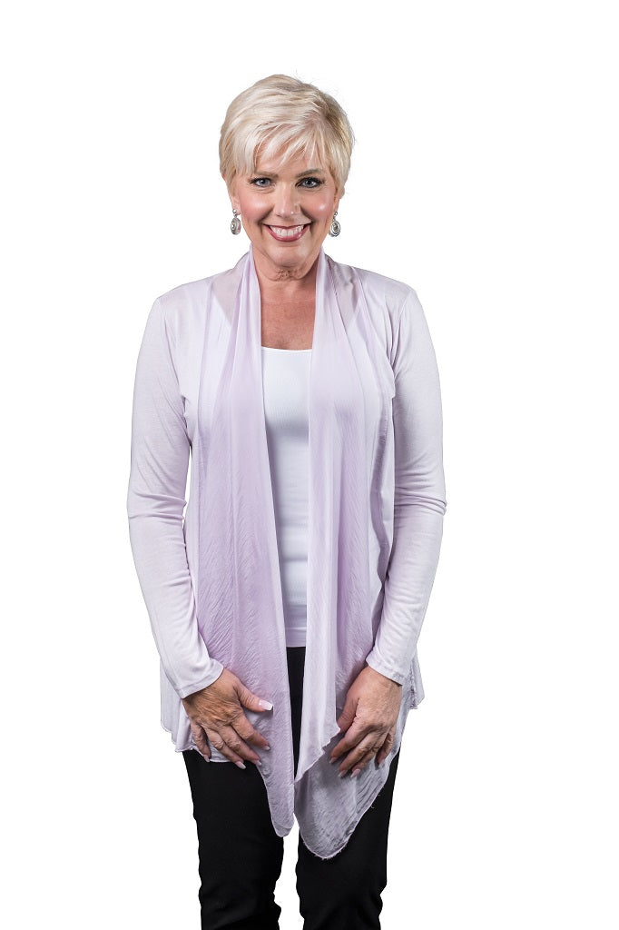 CLS201-534 Lilac Carla Long Sleeve Open Cardi with Silk Trim