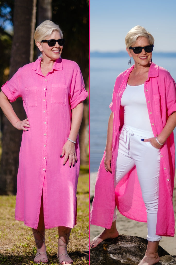 DQ102-671 Hot Pink Briar Linen Button Front Dress