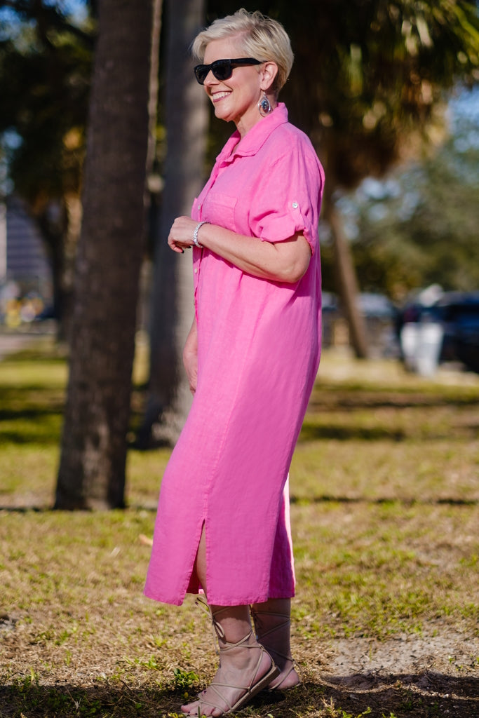 DQ102-671 Hot Pink Briar Linen Button Front Dress