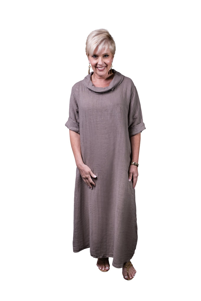 DQ103-210 Taupe Mara Cowl Neck Linen Maxi Dress