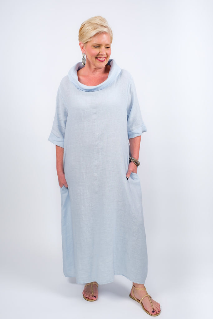 DQ103-455 Ice Blue Mara Cowl Neck Linen Maxi Dress