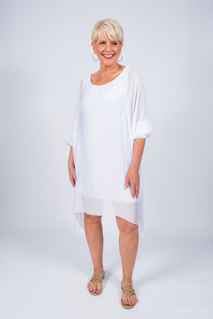 DQ202-100 White Alessia 3/4 Slv Silk Kaftan Dress