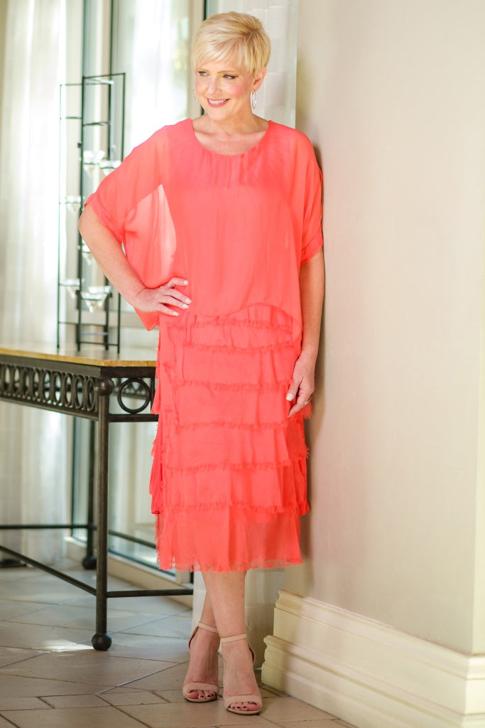 DQ206-810 Coral Gail Tiered Ruffle Dress