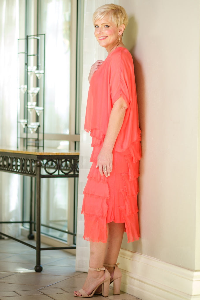 DQ206-810 Coral Gail Tiered Ruffle Dress