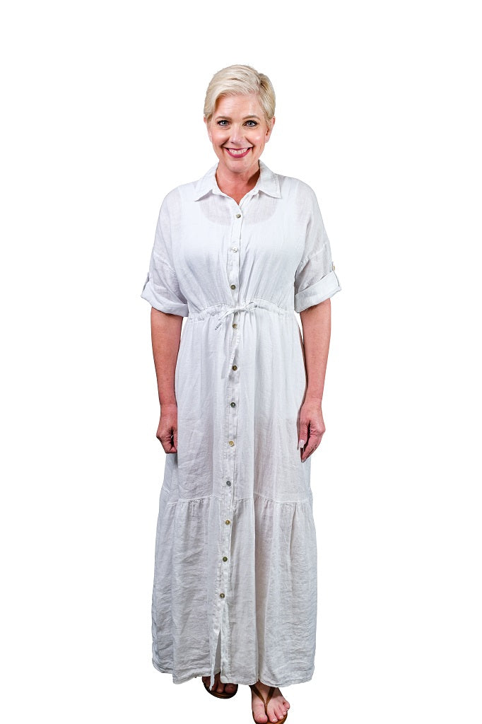 DSS102-100 White Katalina Short Sleeve Linen Button Front Dress w/Tie