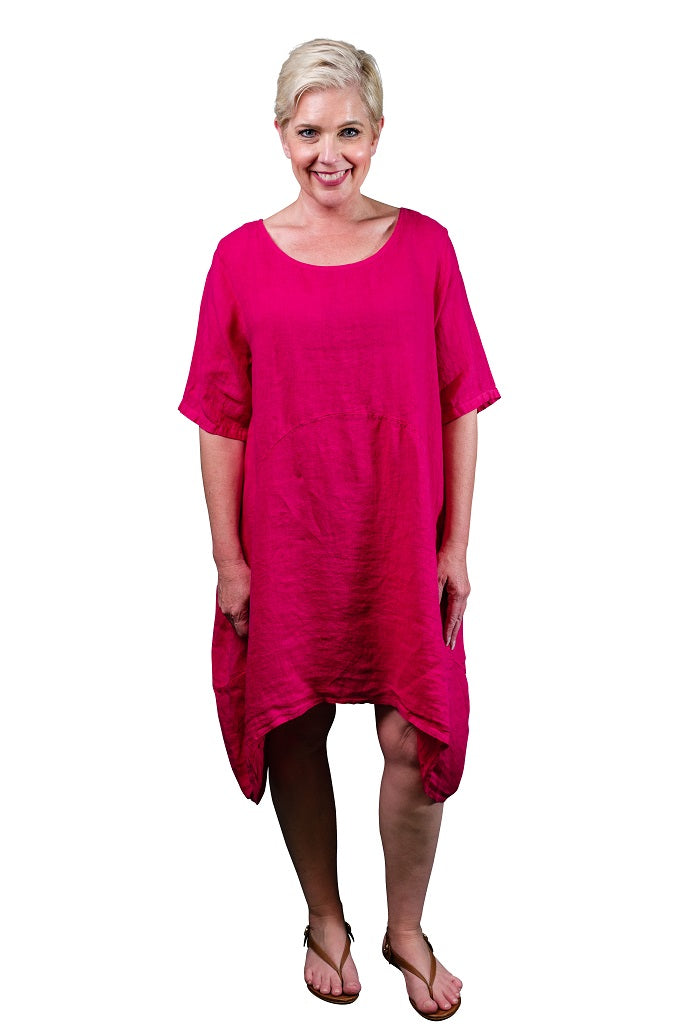 DSS111-699 Magenta Avery Short Sleeve Scoop Neck Linen Dress