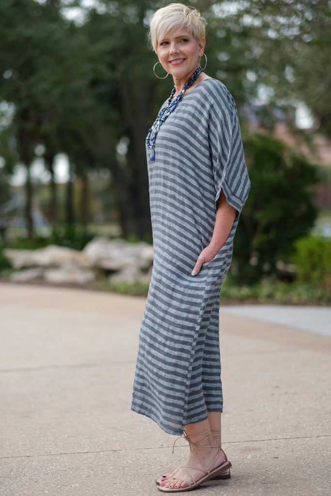 DSS119-020 Gray Kasia Cabana Stripe Linen Dress
