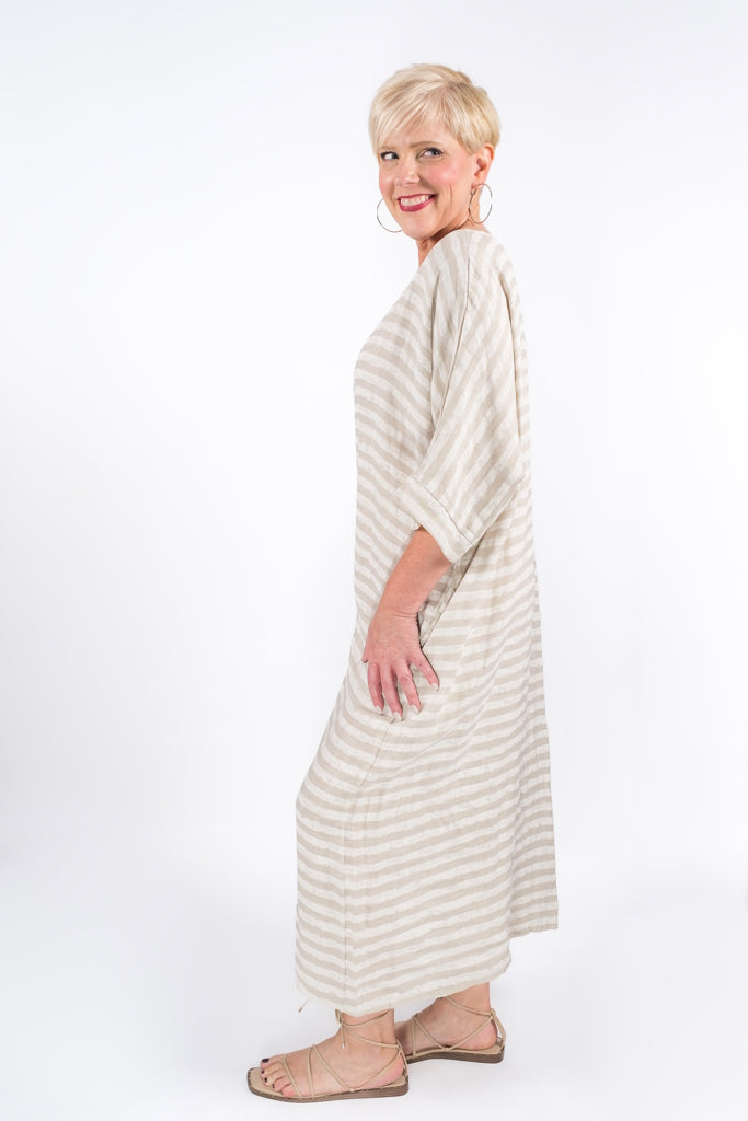DSS119-250 Beige Kasia Cabana Stripe Linen Dress