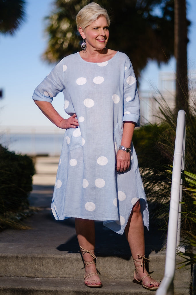 DSS165-455 Ice Blue April Short Sleeve Spotted Pocket Dress