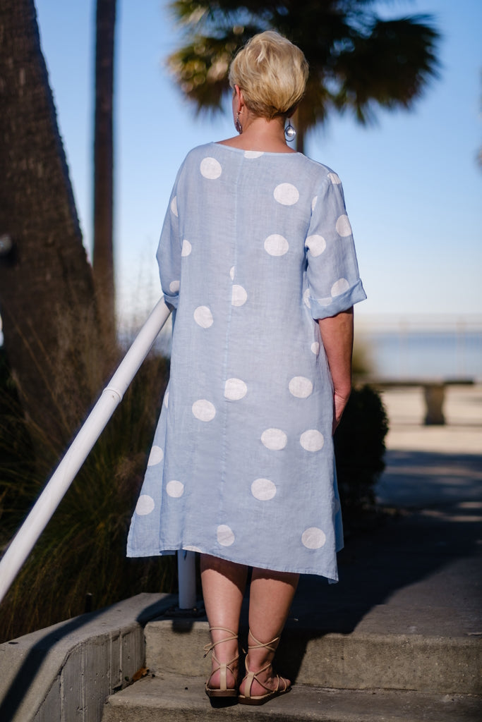DSS165-455 Ice Blue April Short Sleeve Spotted Pocket Dress