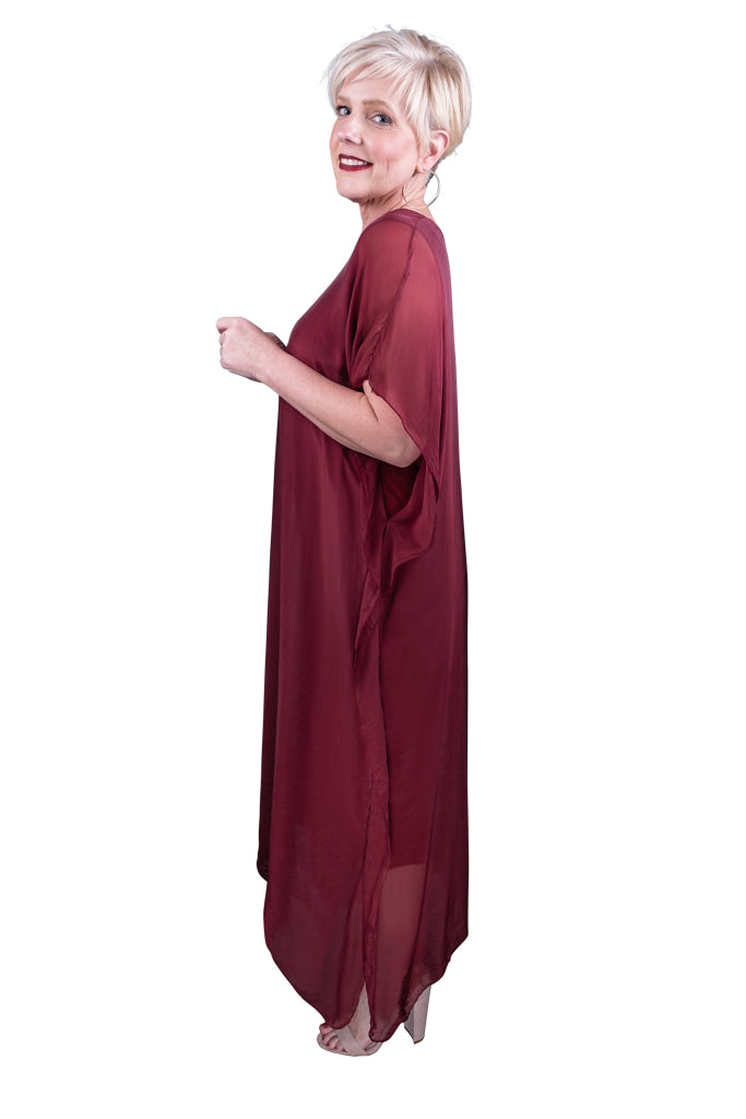 DSS204-602 Burgundy Helen Silk Kaftan Long Dress