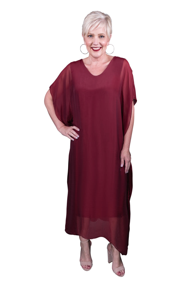 DSS204-602 Burgundy Helen Silk Kaftan Long Dress