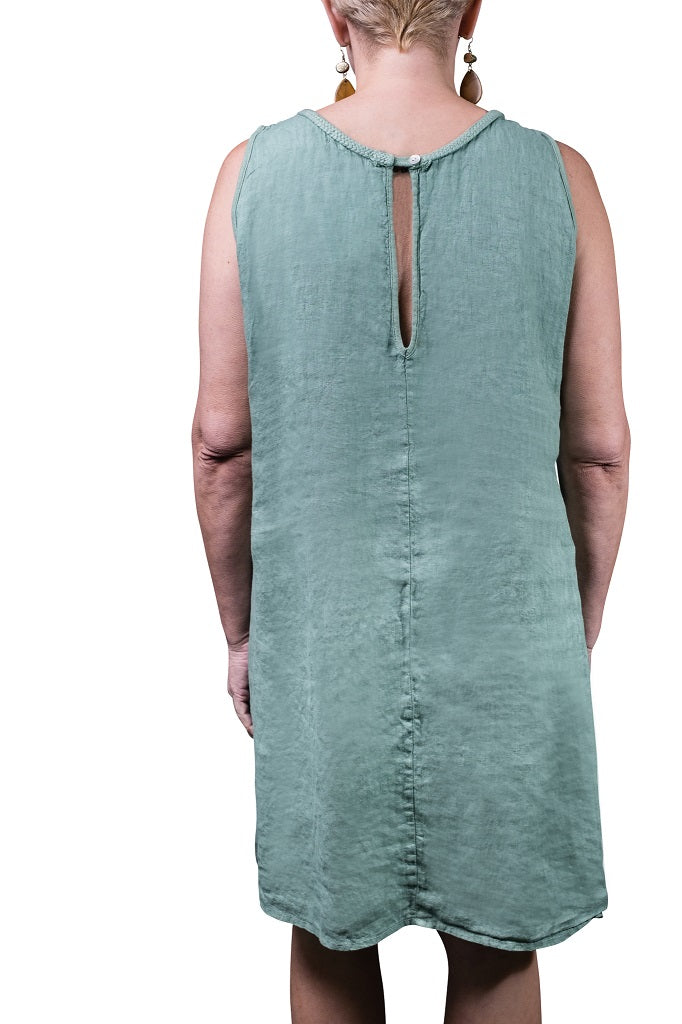 DT114-324 Lake Felecity Linen Shift Dress w/ Braided Neckline
