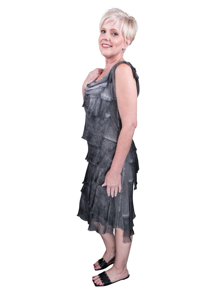DT202-015 Brushed Charcoal Mariana Sleeveless Silk Ruffle Dress