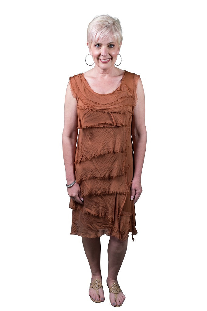 DT202-225 Rust Mariana Sleeveless Silk Ruffle Dress
