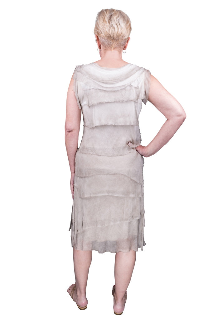 DT202-241 Brushed Taupe Mariana Sleeveless Silk Ruffle Dress