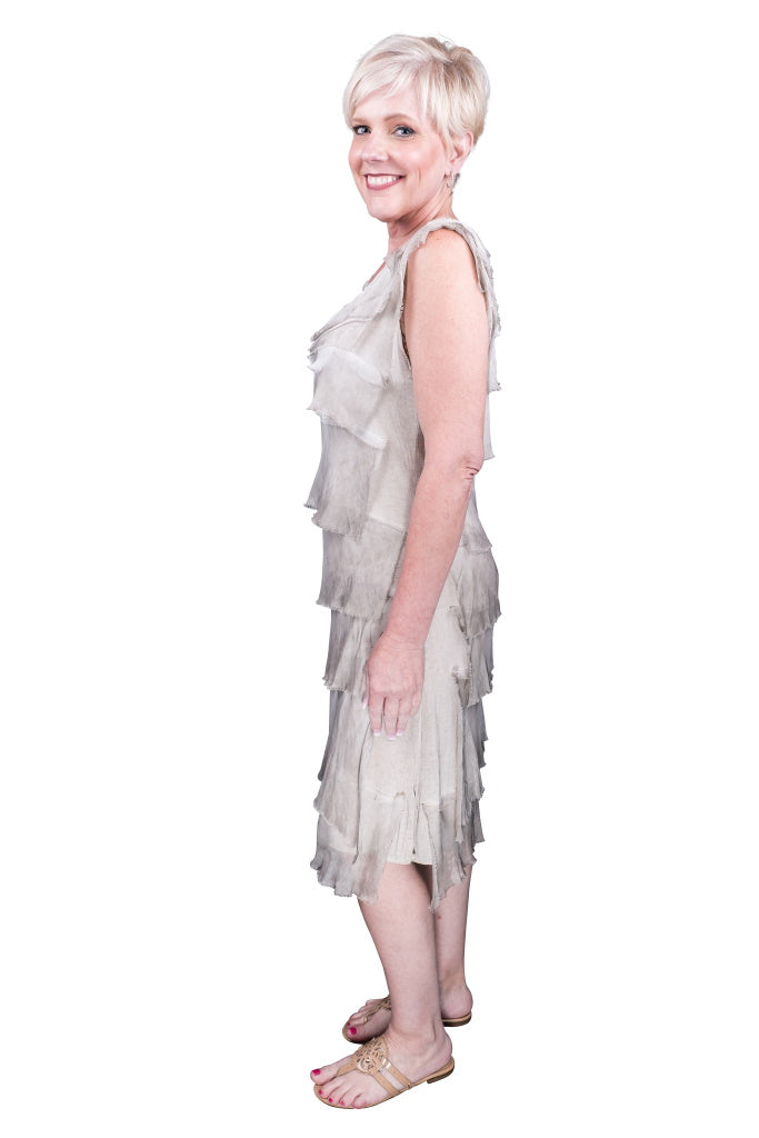 DT202-241 Brushed Taupe Mariana Sleeveless Silk Ruffle Dress