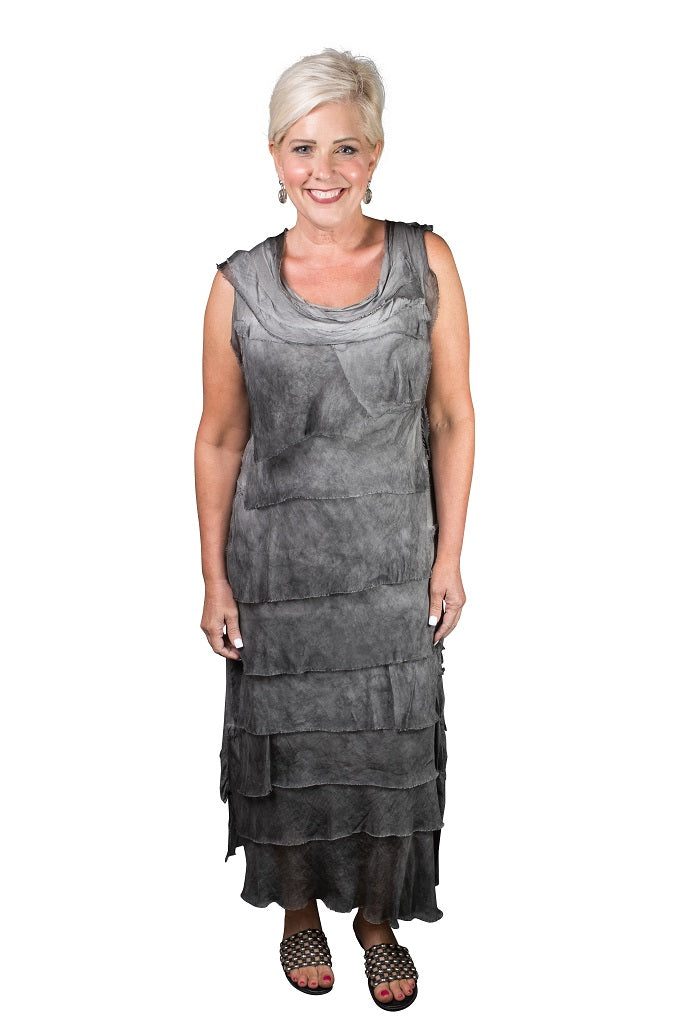 DT215-015 Brushed Charcoal Aleena Silk Maxi Ruffle Dress